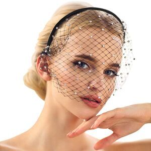 Black Mesh Veil Fascinator Headband 1920s Headpiece For Women, Black 1974